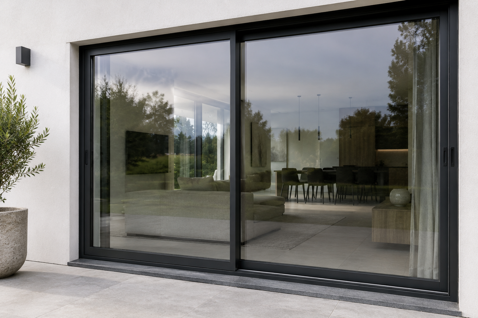 Zwarte aluminium schuifpui aan de gevel van een moderne woning met zicht op een strak ingerichte leefruimte.