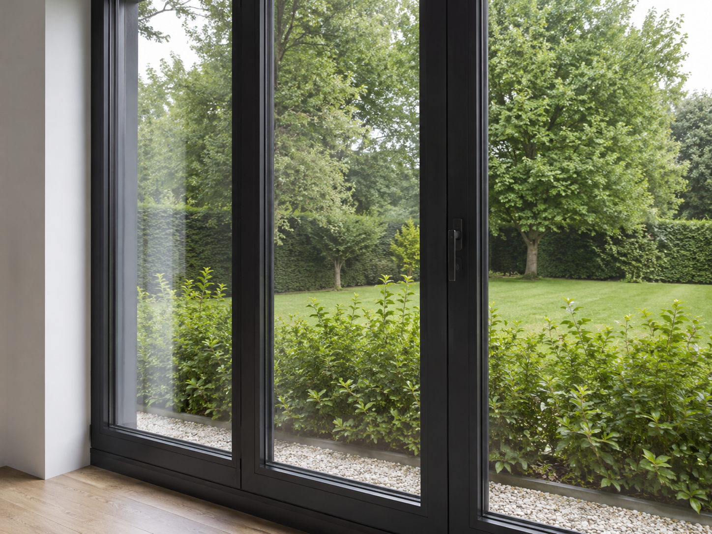 Zwarte aluminium schuifpui met slanke profielen en zicht op een groene tuin vanuit een woning met houten vloer.