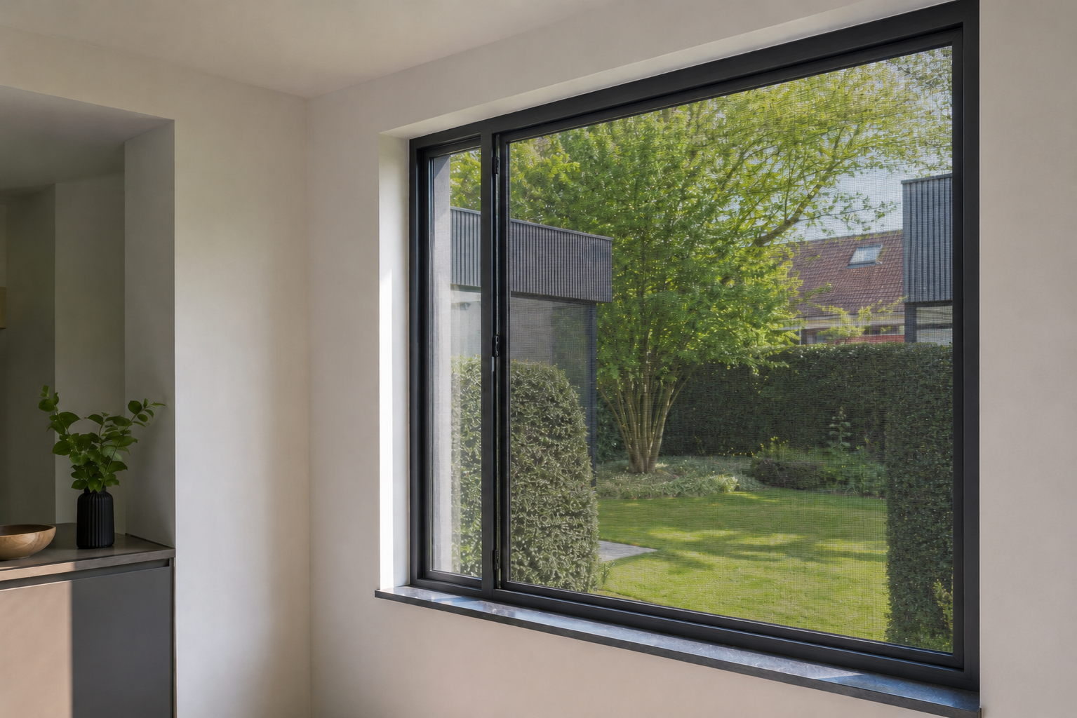 liegenraam op maat in een modern zwart raam met uitzicht op de tuin.